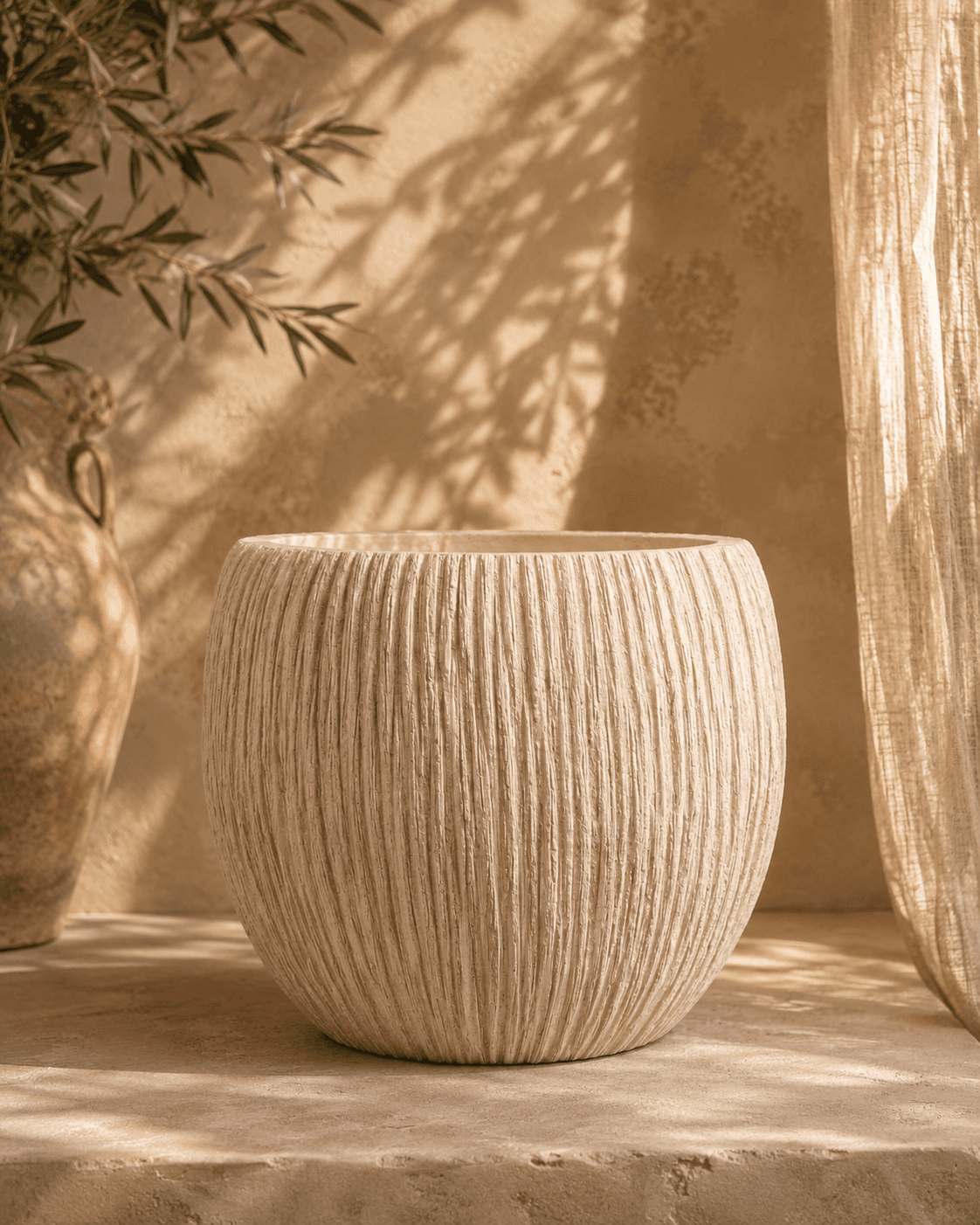 White Ribbed Clay Pot - Medium