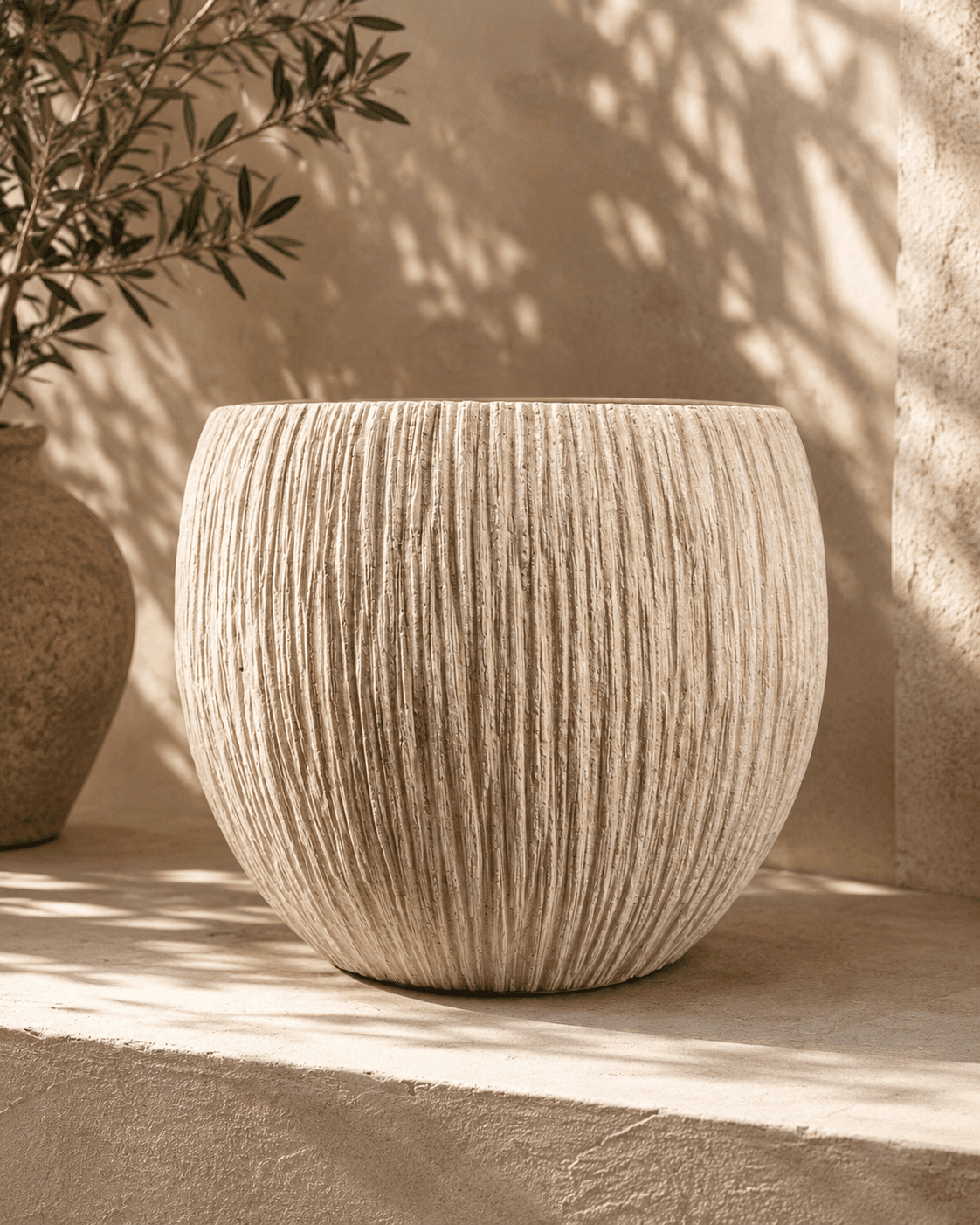 White Ribbed Clay Pot - Medium