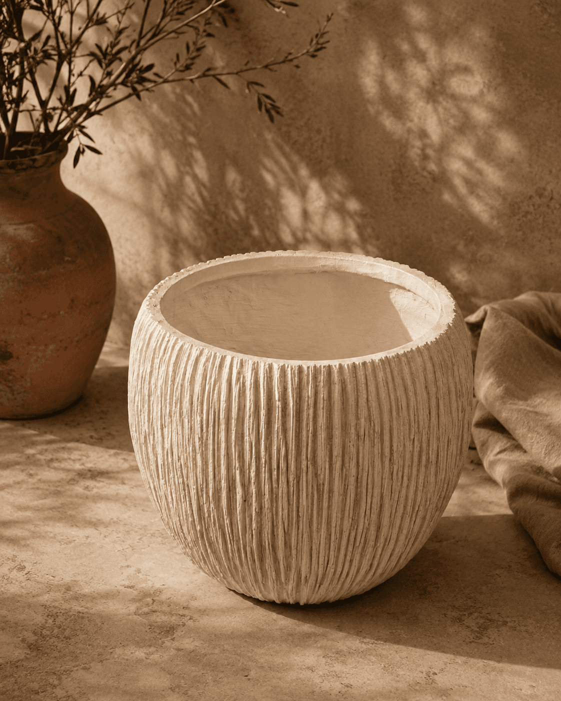 White Ribbed Clay Pot - Medium
