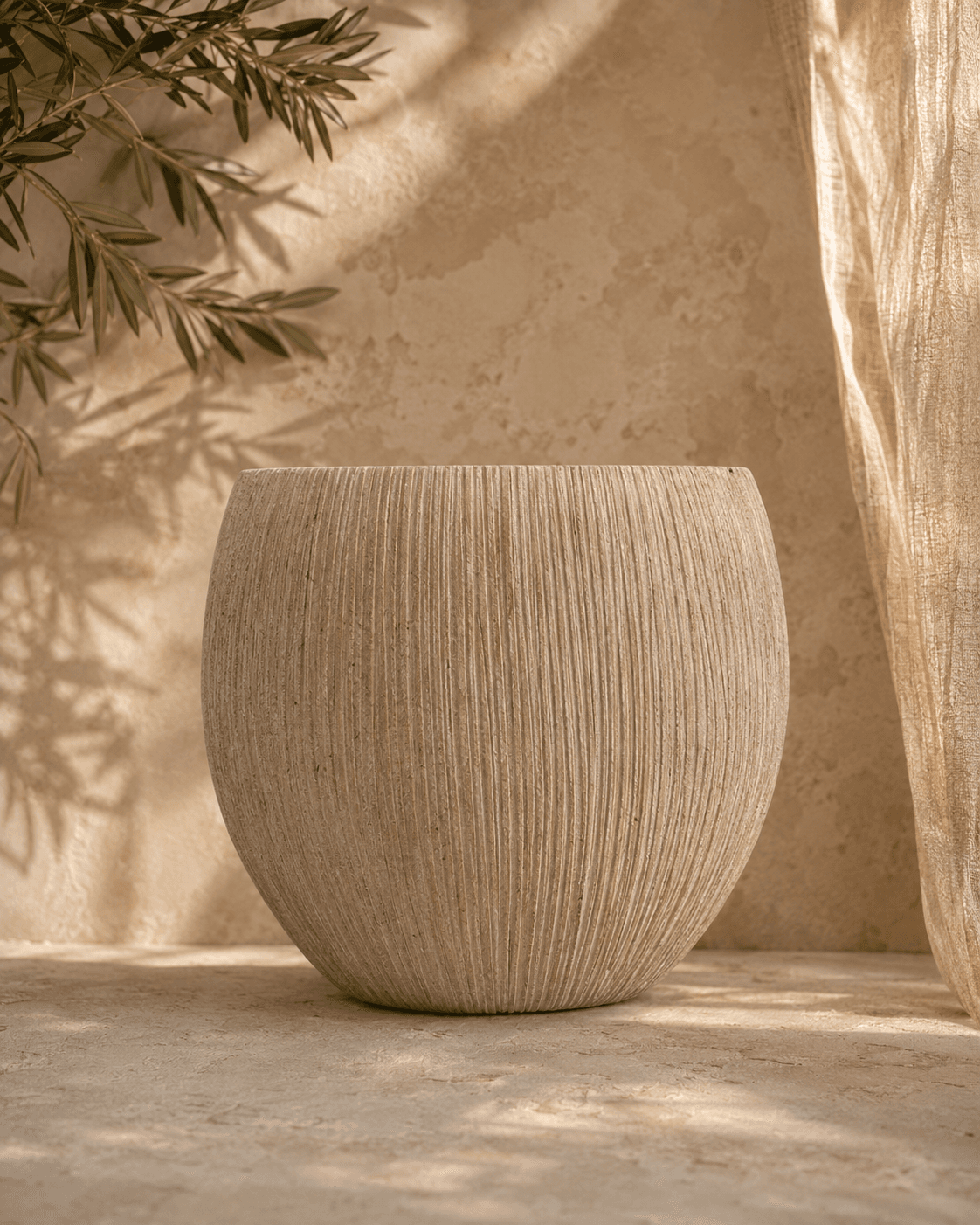White Ribbed Clay Planter - Large