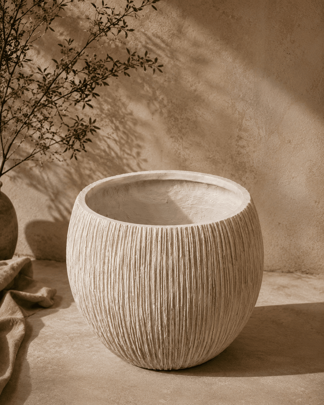 White Ribbed Clay Planter - Large